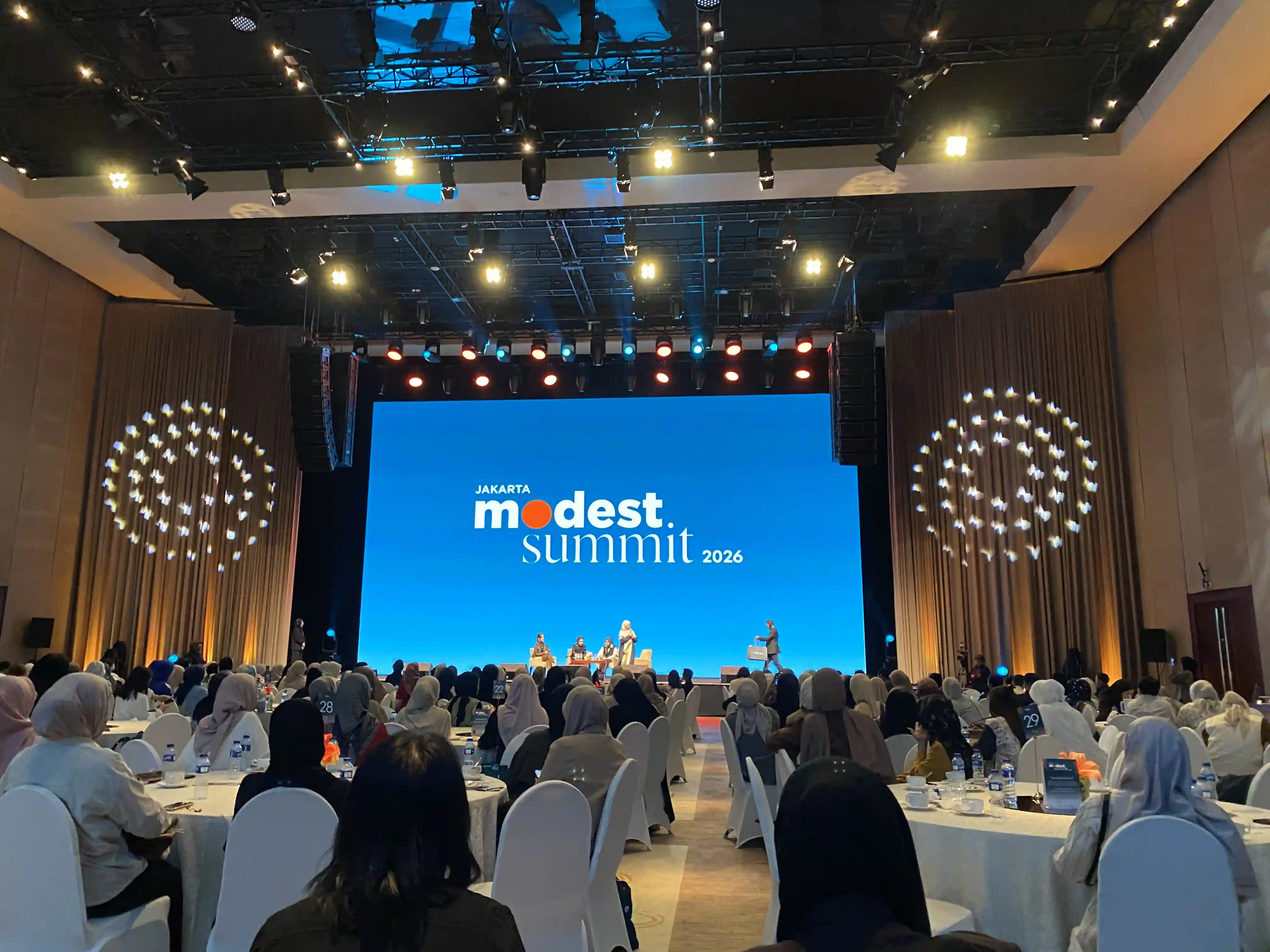 Jakarta Modest Summit 2026 opening stage with event branding on the main screen